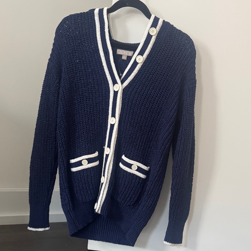 J. Crew Navy Cardigan with White Accents